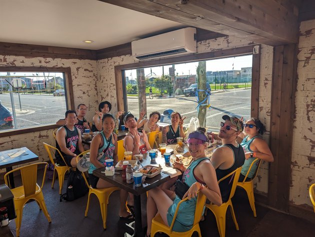 the crew getting breakfast before the games